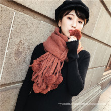 Newest design women autumn winter fur pashmina wool knit scarf shawl with pom pom